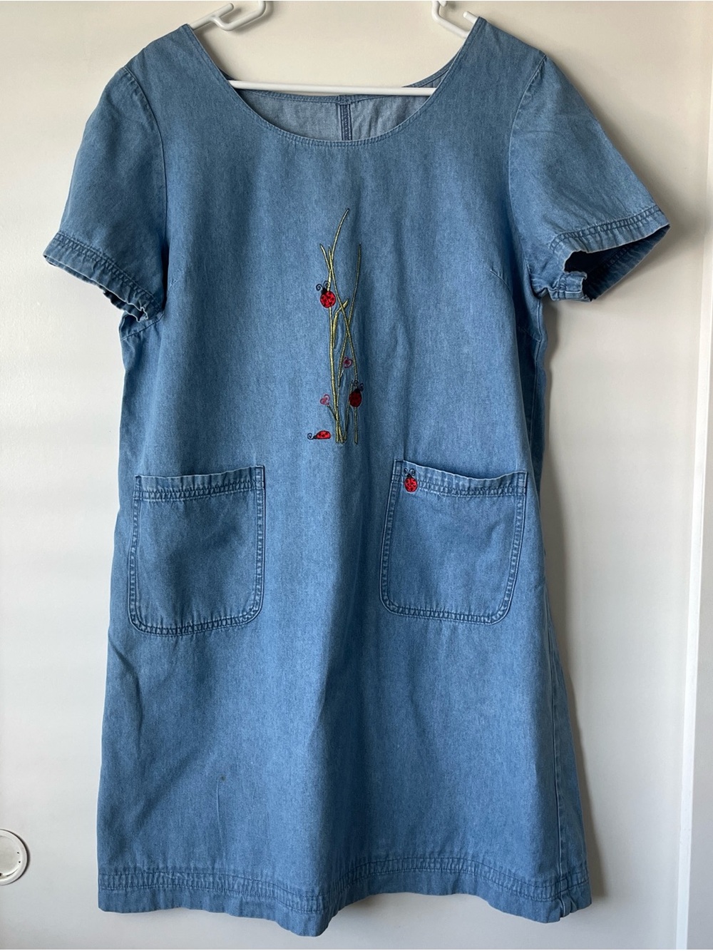 (SOLD) Vintage Light Blue Denim Dress with Embroidered Ladybugs